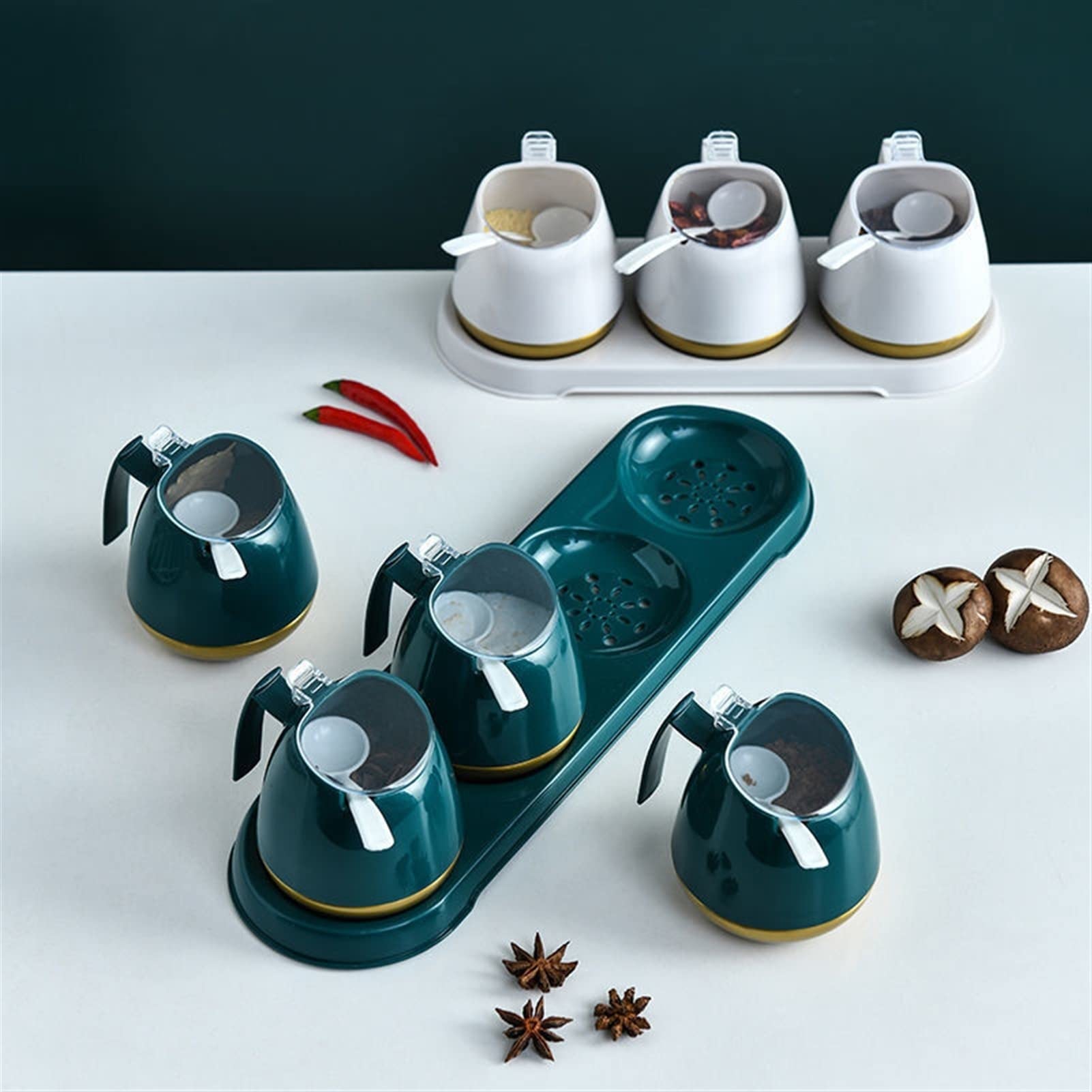 Boîte d'assaisonnement Étagères à épices Pot d'assaisonnement Salière Sauce soja Cruet Distributeur de condiments Étagère à épices Bouteille de condiments Ensemble de bidons d'assaisonnement Ensemble
