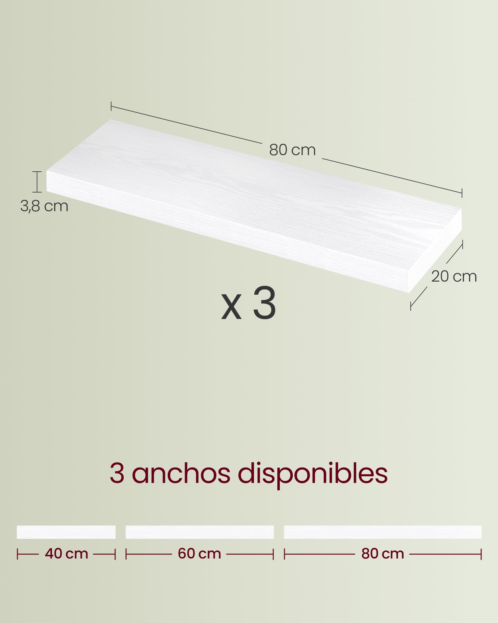 VASAGLE Estante de Pared, Juego de 3, Estante Flotante, 20 x 80 x 3,8 cm, Balda de Pared para Marcos de Fotos, Decoración, para Salón, Estudio, Cocina, Blanco Nieve LWS028WE01-3J