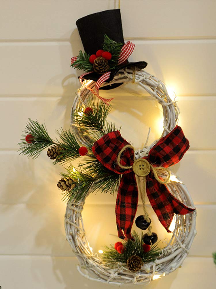 VKTYSnowman Wreath for Door,Battery Operated Christmas Snowman Wreath with Ornaments LED Front Door Wreaths for Christmas Home Kitchen Wall Window Hall Decor,16(H) by 8(W) Inch