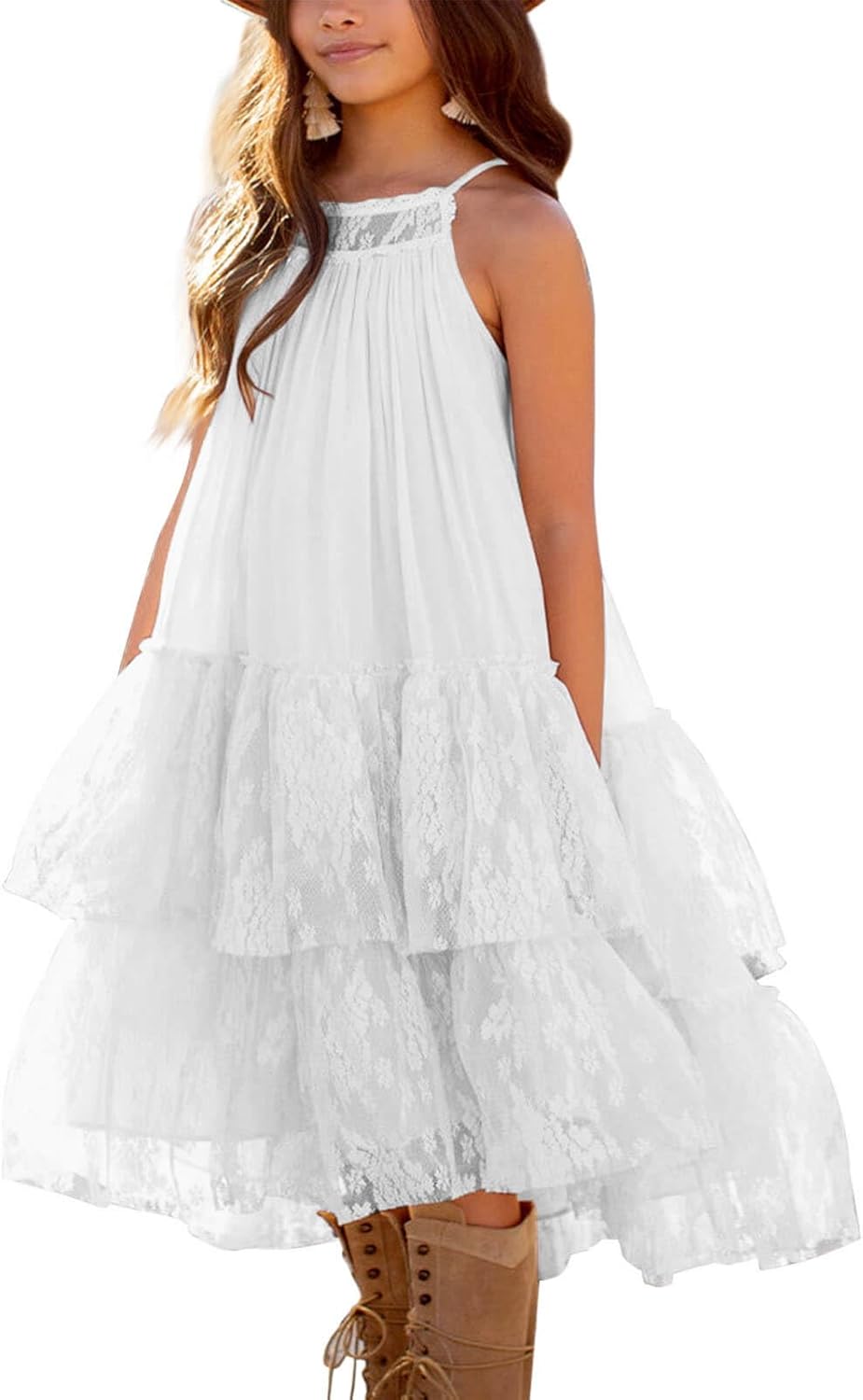 Batermoon Girls Lace Backless Tulle Dress Halter Neck Boho Flower Girl Sleeveless Ruffle Swing Party Dress