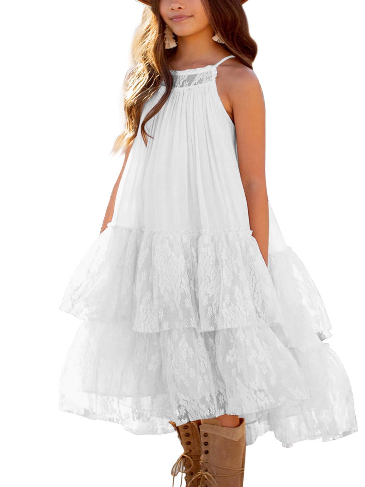 Batermoon Girls Lace Backless Tulle Dress Halter Neck Boho Flower Girl Sleeveless Ruffle Swing Party Dress
