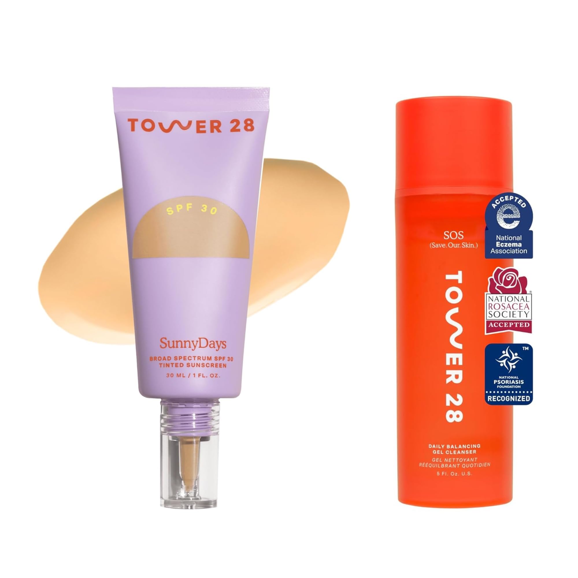 Tower 28 Beauty SunnyDays SPF 30 Tinted Sunscreen Shade 20, 1 FL OZ & Tower 28 SOS Gel Cleanser 150 ML