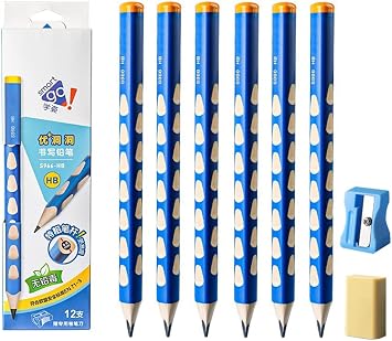 Triangular Fat Pencil - 12 Pack Thick, Strong, Jumbo Wood Pencils for Writing and Drawing, HB with Eraser and Sharpener