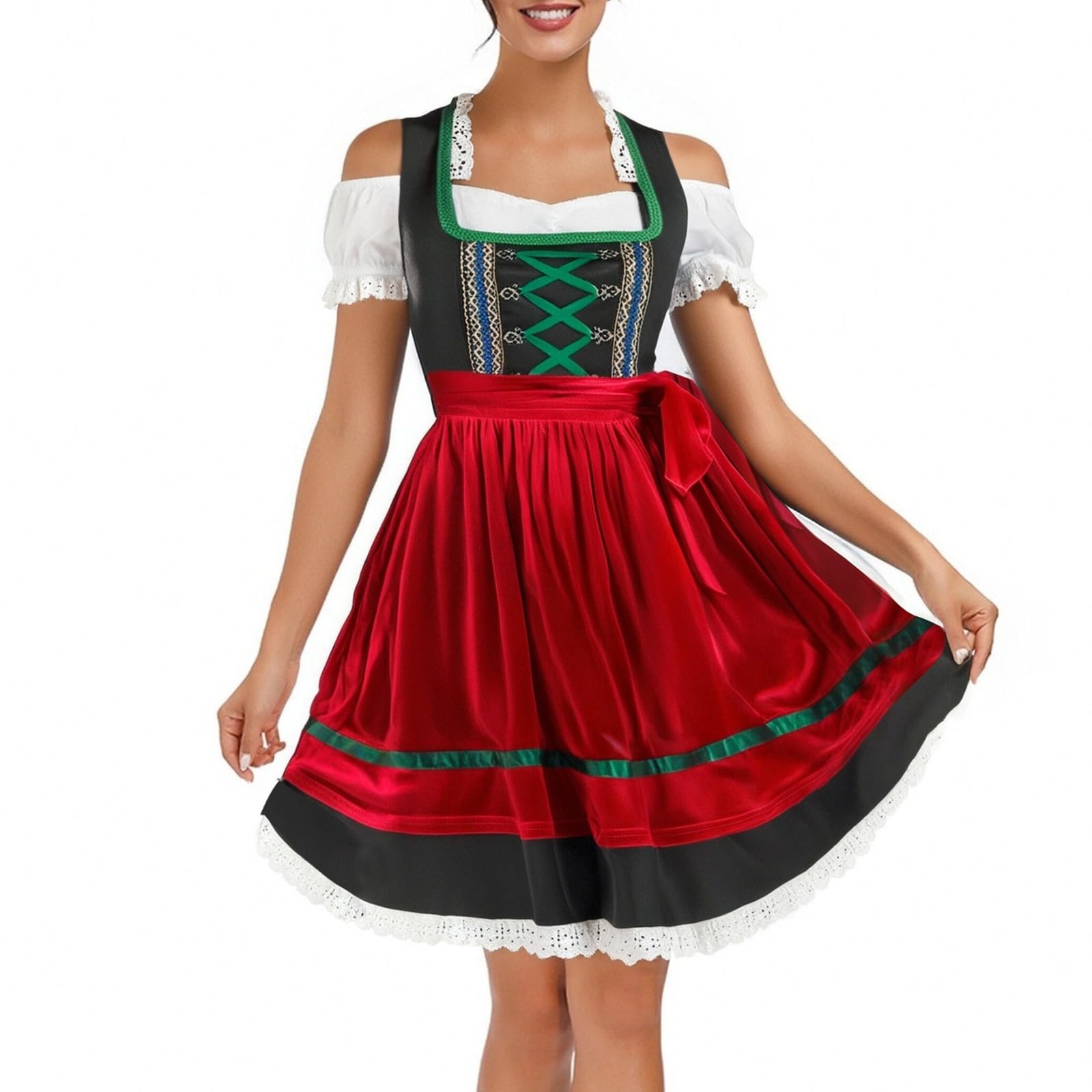 Tradizionale Dirndl Midi della Collezione Costume Tradizionale Tedesco 3 pezzi Oktoberfest Trachtenmode Midi Dirndl hellgrün monocromatico Look mit Knopfleist INKL. Dirndlschürze