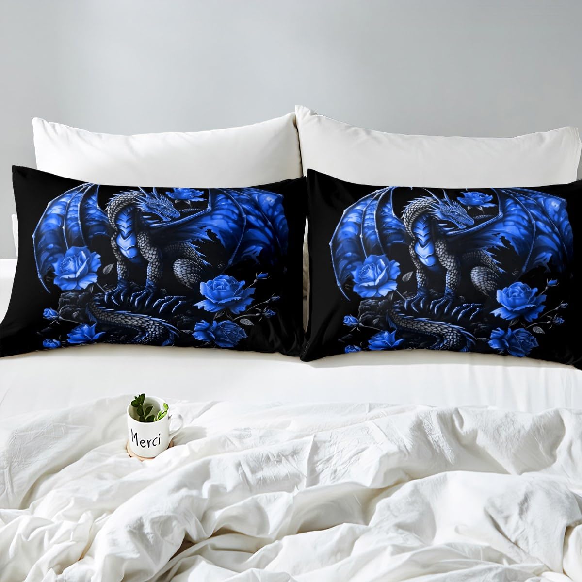 Homemissing Blue Rose Dragon Duvet Cover Grey Black Dragon Teens Women Bedding Set for Kids Boys Girls Floral Flower Decor Comforter Cover Romantic Bedspread Cover 3Pcs King Size - Image 4