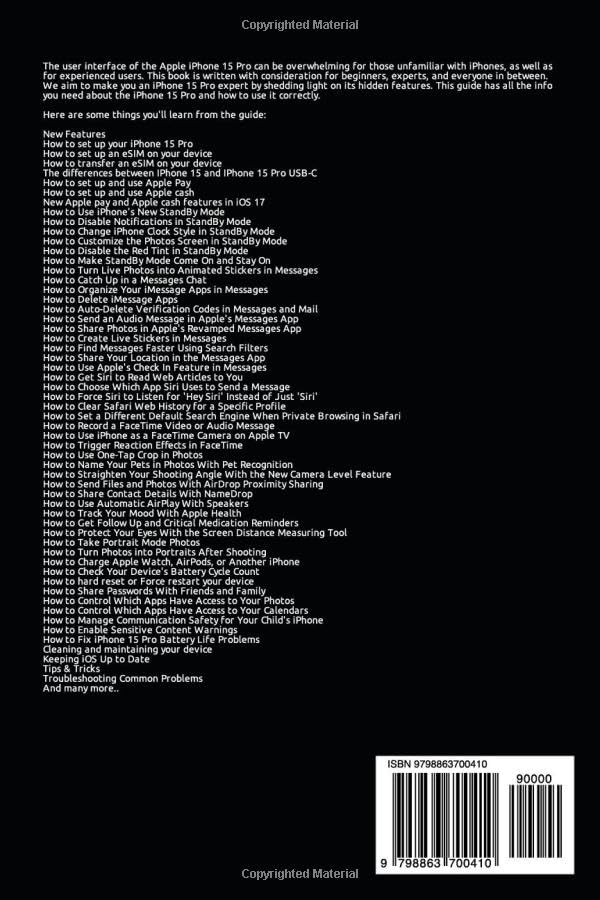 Back cover of the iPhone 15 Pro User Manual, featuring a barcode with ISBN 9798863700410.
