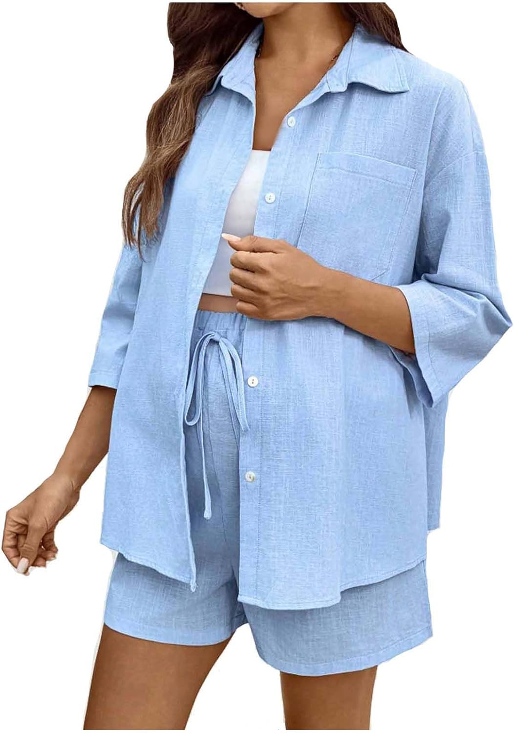 HGps8w Maternity Womens Summer 2 Piece Sets Long Sleeve Button Down Shirts Matching Adjustable Shorts Beach Vacation Outfits