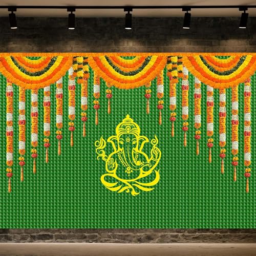 Image of 15x10FT India Pooja Traditional Backdrop Marigold Green Banana Leaf Chatiya Ganesh Traditional Festival Photography Background Puja Ganpati Wedding Party Decoration Photo Props