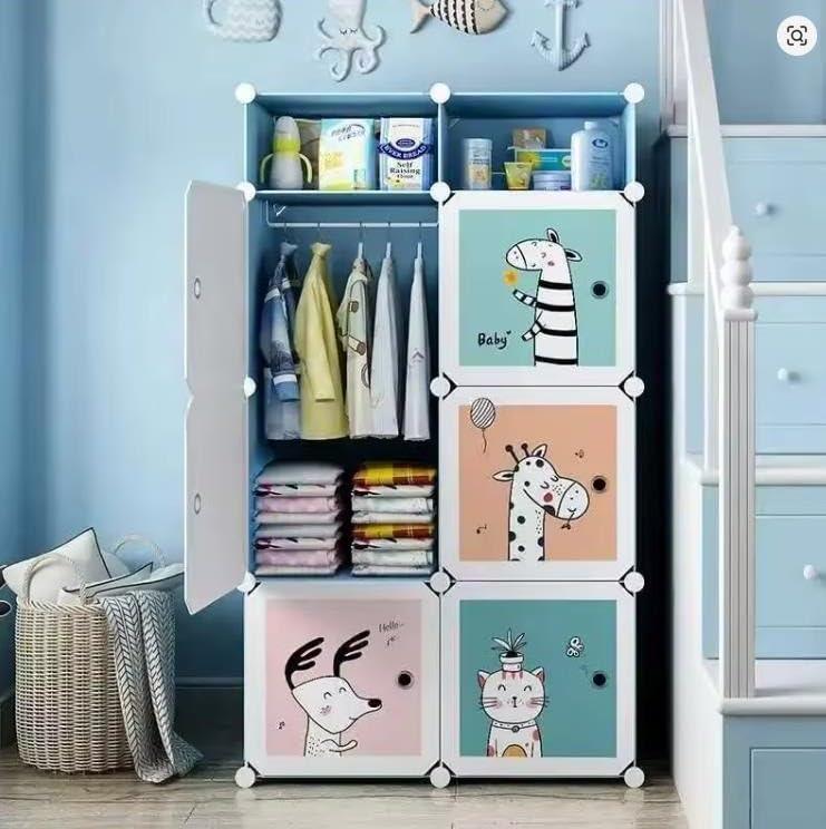 Image of Sunderlook Plastic Wardrobe for Kids Clothes - Professional Collapsible Wardrobe, Easy to Use Foldable Almirah, Plastic Cupboard for Kids for Home (Blue-U5, 6 + 2 Door)