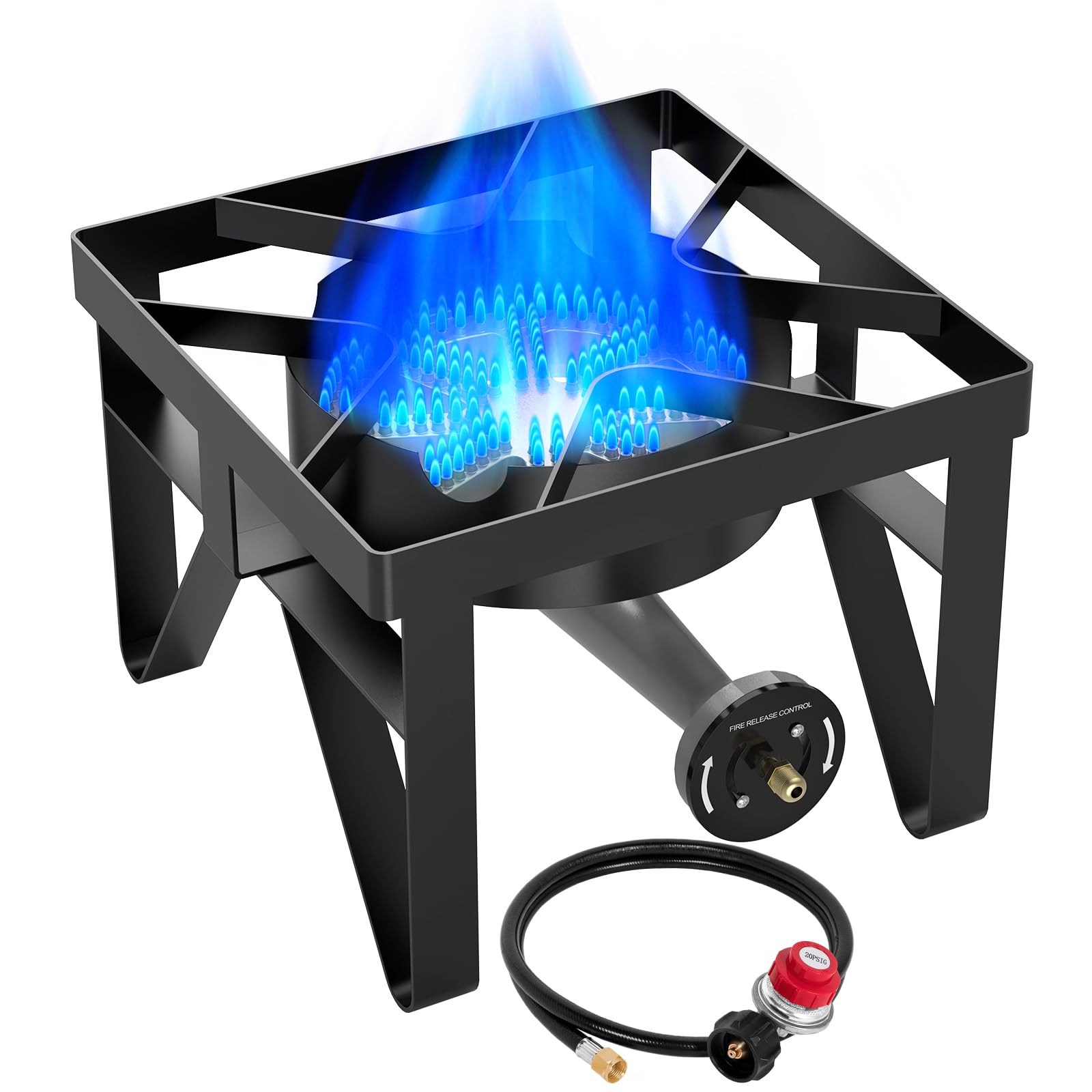 BESTFIRE 200,000 BTU Heavy-Duty Propane Burner – Outdoor Stove with 0-20Psi Adjustable Regulator &amp; Black Hose – Ideal for Home Brewing, Turkey Frying, Camping &amp; Backyard Cooking