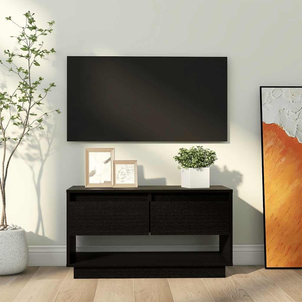 Czarna szafka pod telewizor 74x34x40 cm lite drewno sosnowe meble do salonu z szufladami i półką stabilna kompaktowa szafka RTV