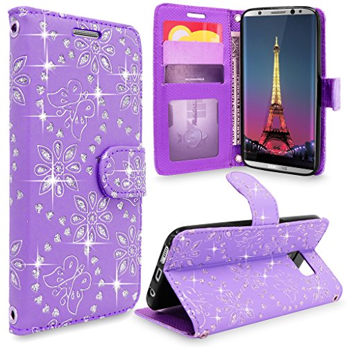 Cellularvilla [Diamond Jewel] Embossed Flower Design Premium Pu Leather Wallet Case [Card Slots] [Stand Feature] Flip Cover Compatible With Samsung Galaxy S8 Plus (Purple Glitter)