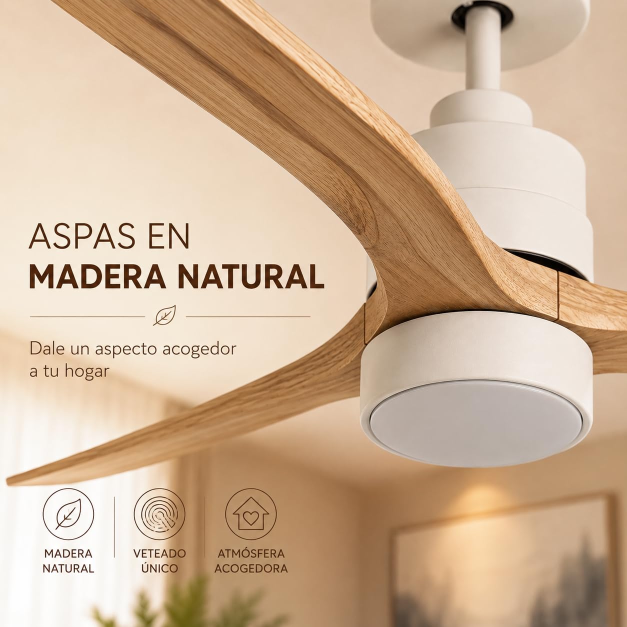 IluminaShop - Ventilador de Techo Led Wing-flat, con mando a distancia, motor DC 50W+Luz Led 18W, 6 velocidades, Silencioso,3 Aspas efecto madera, 132 cm, función verano-invierno, temporizador