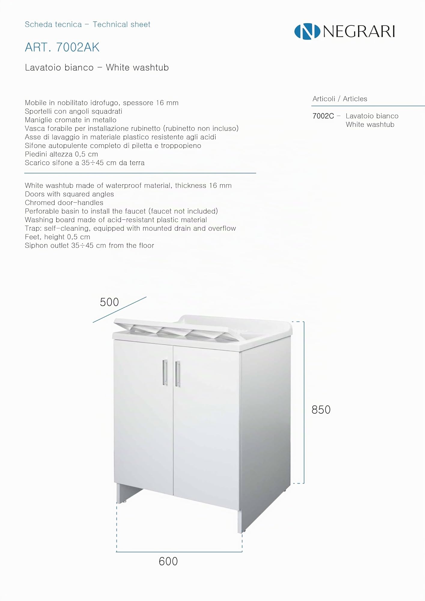 Negrari Lavabo Lavabo en mélaminé, Baignoire résistante aux acides, kit d'échappement Inclus, intérieur et extérieur, L60 x P50 x H85 cm, Blanc