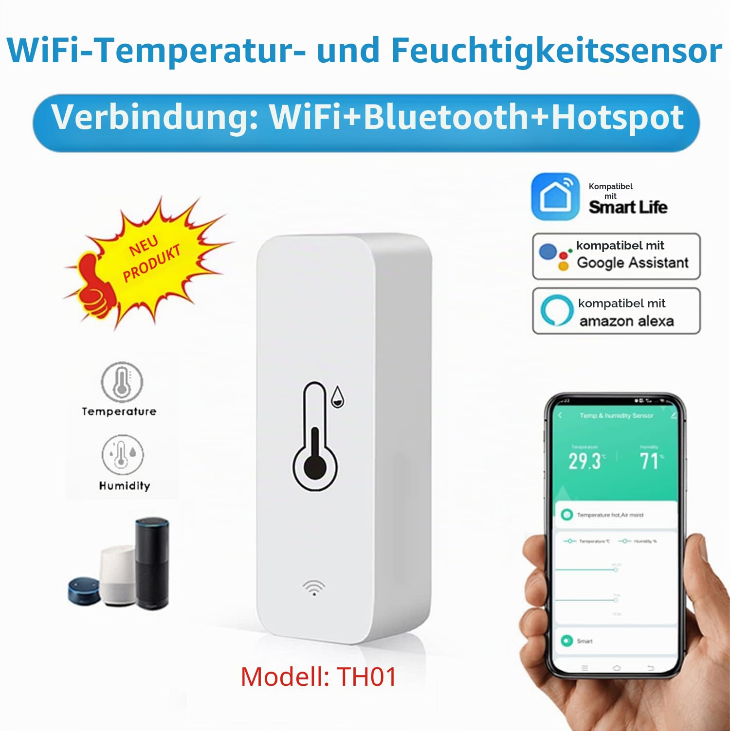 SENCKIT WiFi-Feuchtigkeits- und Temperaturmonitor, intelligentes Hygrometer-Thermometer für Fernüberwachung und Alarm, hochpräzises Innenthermometer mit TUYA-App, kompatibel mit Alexa (4 Stück)