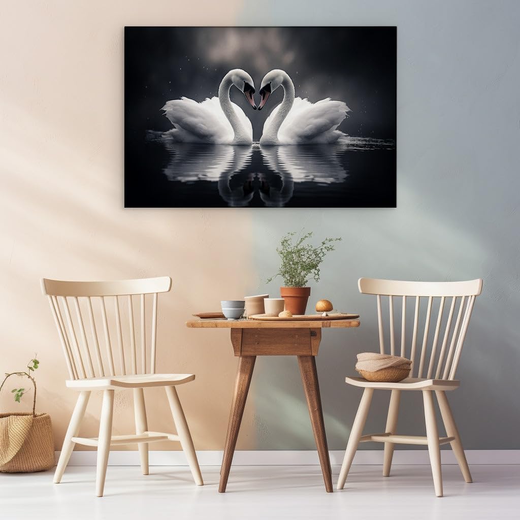 Canvas for Living room. Swan Silhouettes Weave a Heart on Tranquil Waters, 27 x 18 inch Canvas Wall Art - Contemporary Masterpieces - Modern Home Decor - 69x46 cm (27x18 inch)