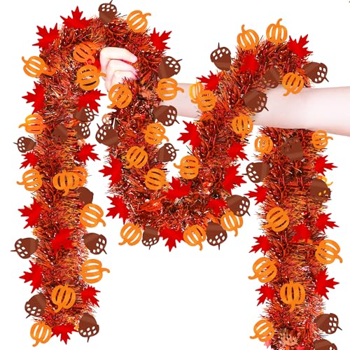 50Ft Fall Decor Fall Tinsel Garland with Pumpkin Maple Leaf