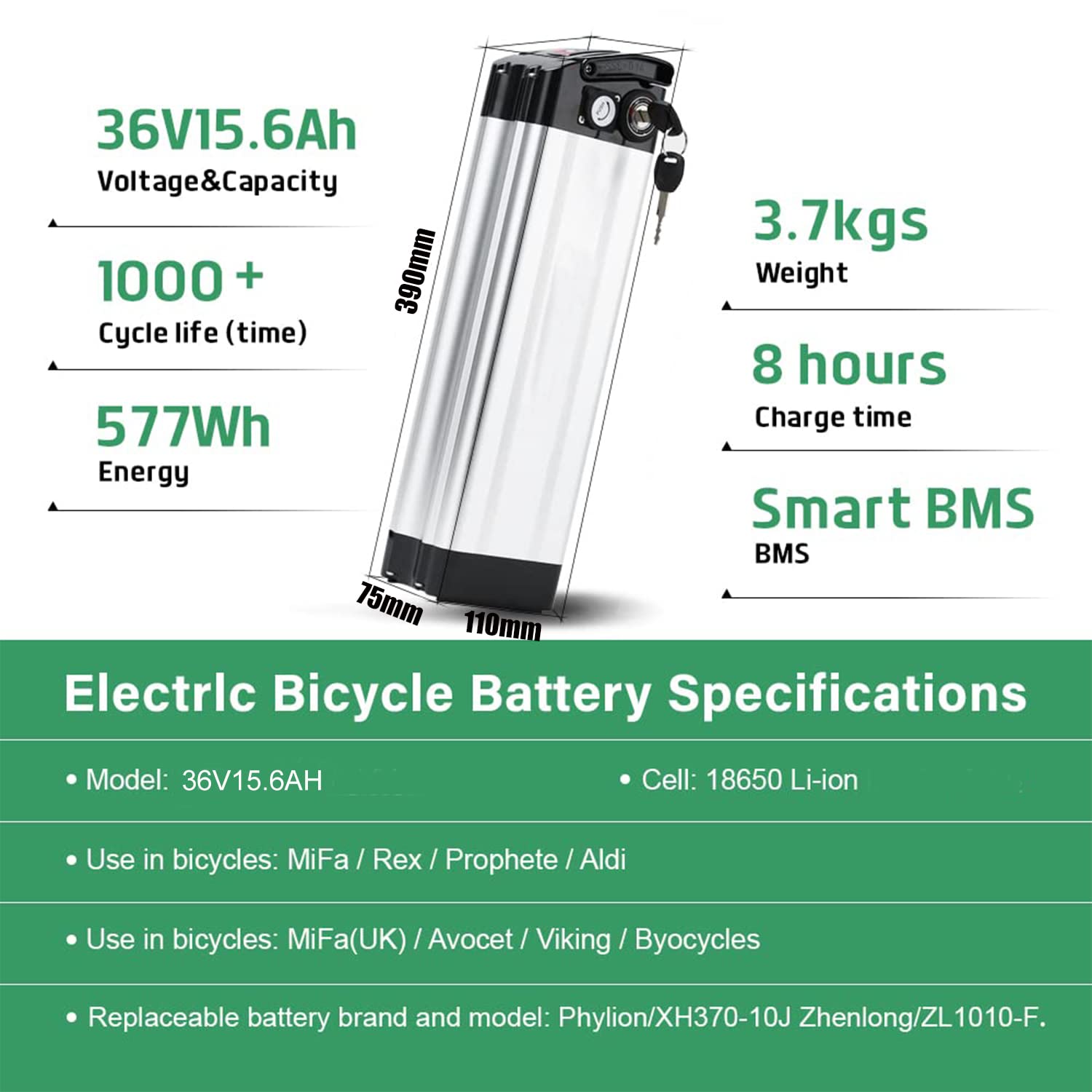 ZHIKAN E-Bike Pedelec Batteria Silverfish 36V 15.6Ah 577Wh, Adatta per Motori 36V 250W/350W/500W, per MiFa Rex Prophete Aldi Bike, Compatibile con Phylion/XH370-10J, Zhenlong/ZL1010-F