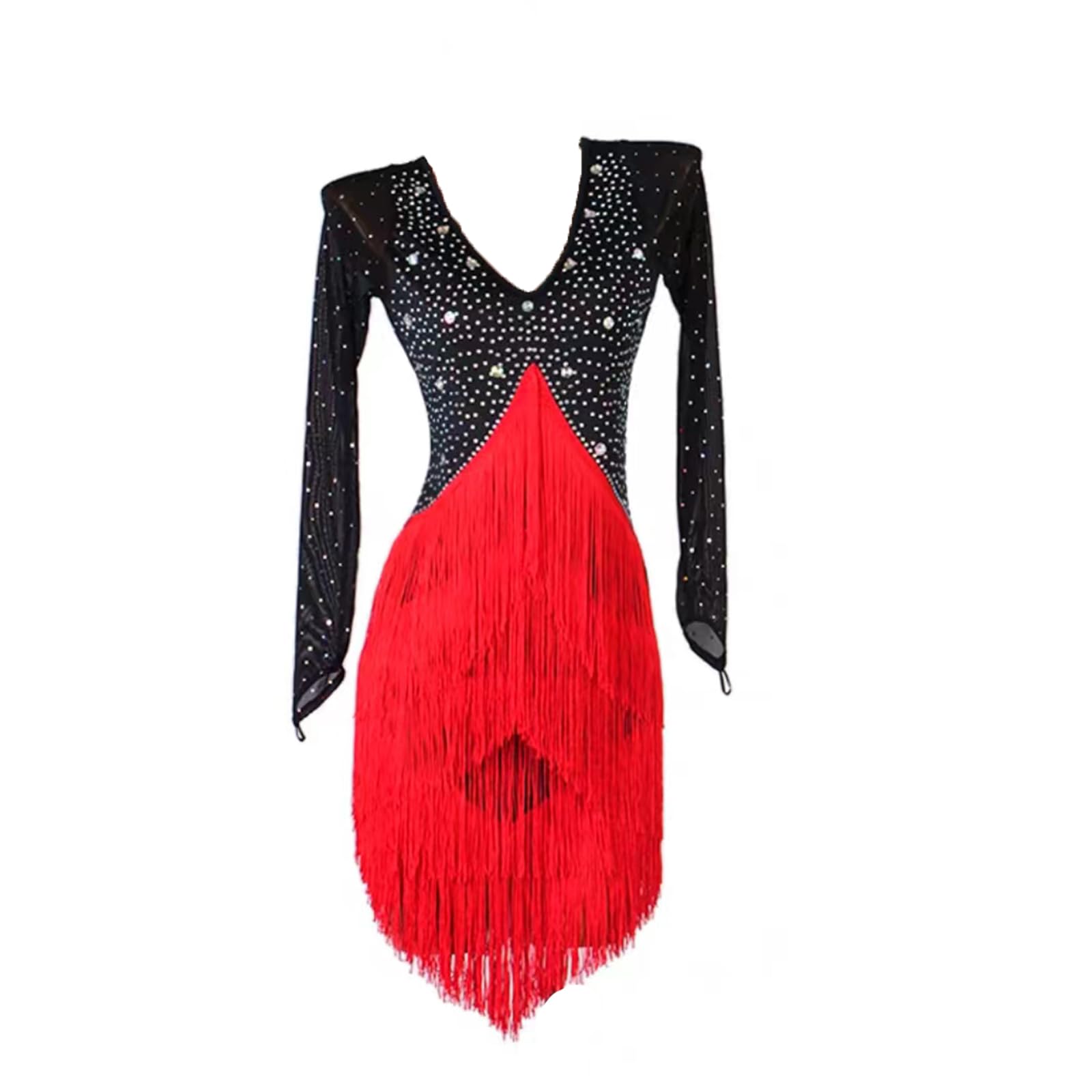 Abiti latini professionali per le donne Sala da ballo Costume da performance Fringe Cha Cha Salsa Concorso Dancewear, Nero con rosso., M