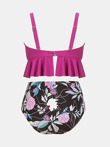 Miniatura 6 de CUPSHE Traje de baño para mujer, talla grande, conjunto de bikini de dos piezas, cuello en V, cintura alta, dobladillo con volantes, floral