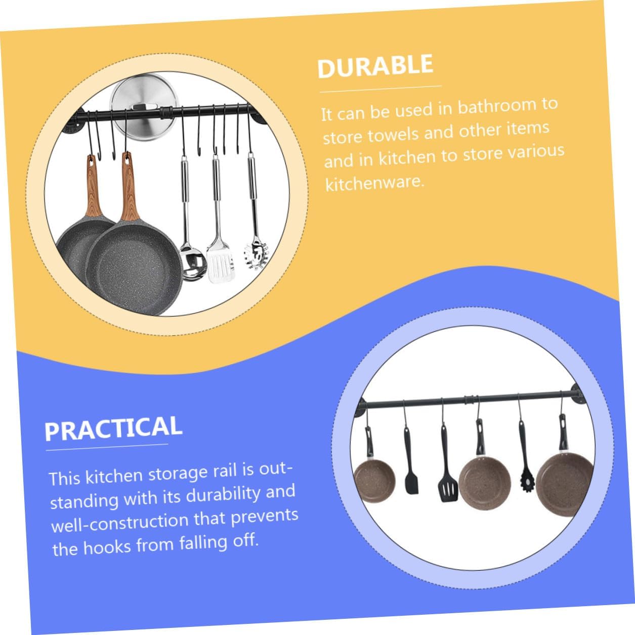 VICASKY Wall Mounted Pot Rack and Pan Organizer, Iron Kitchen Storage Rail with Hooks, 13x60cm Hanging Pot Lid Holder for Kitchen Wall Organization