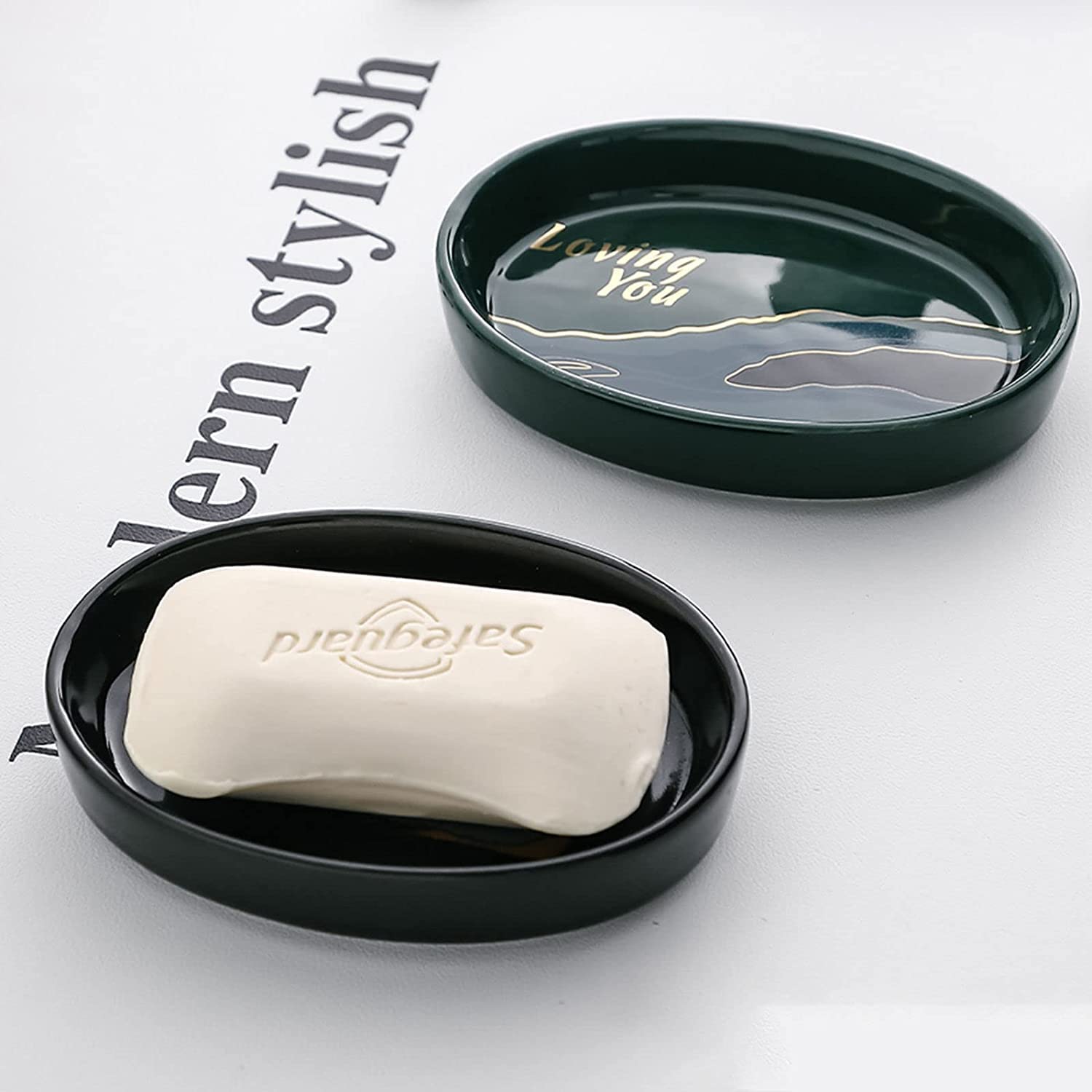 MAYABI jabonera jabonera de Ceramica Ceramics Anti-Slip Soap Dishes For Bar Soap, Oval Soap Tray-Black-Lovingyou (Color : Svart, Size : Lovingyou)