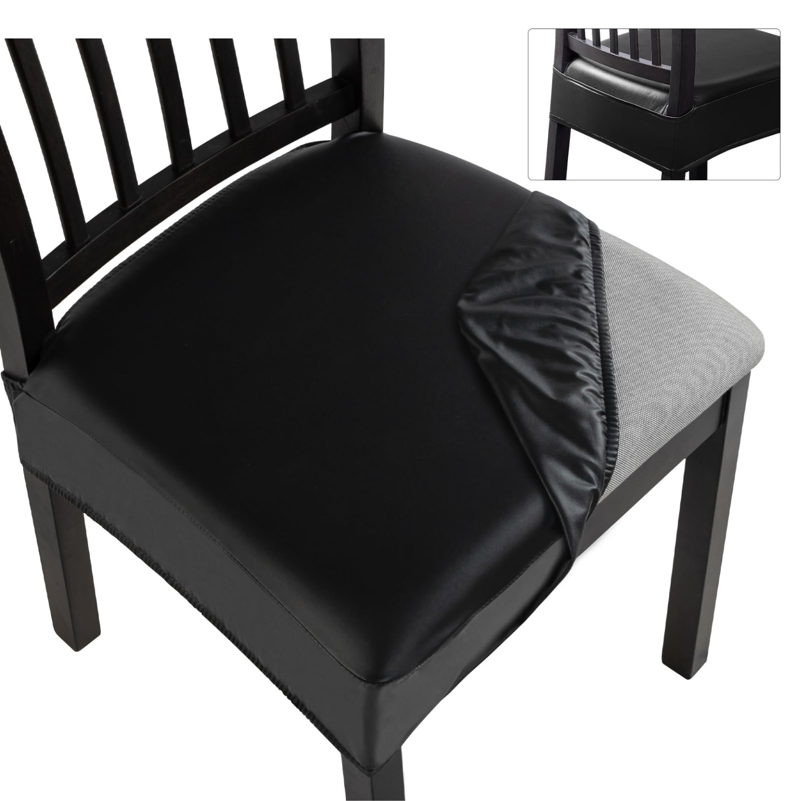 SearchI Waterproof PU Dining Chair Seat Covers Set of 6, Soft Removable Washable Seat Covers for Dining Chairs, Dining Room Seat Cover Protector (Rear-Covered, Black PU) — image 1