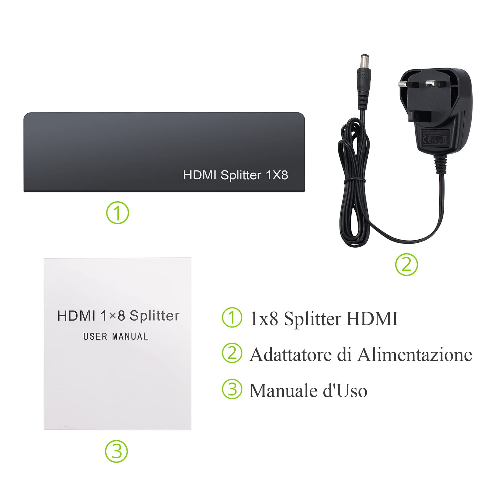 LiNKFOR 1 In 8 Out HDMI Splitter con Alimentatore 4K/30Hz 1X8 Splitter HDMI Distributore Supporta 3D 1080P 4K/2K@30Hz 1 Ingresso 8 Uscita per HDTV Proiettore PC STB PS3 Blu-Ray Lettore