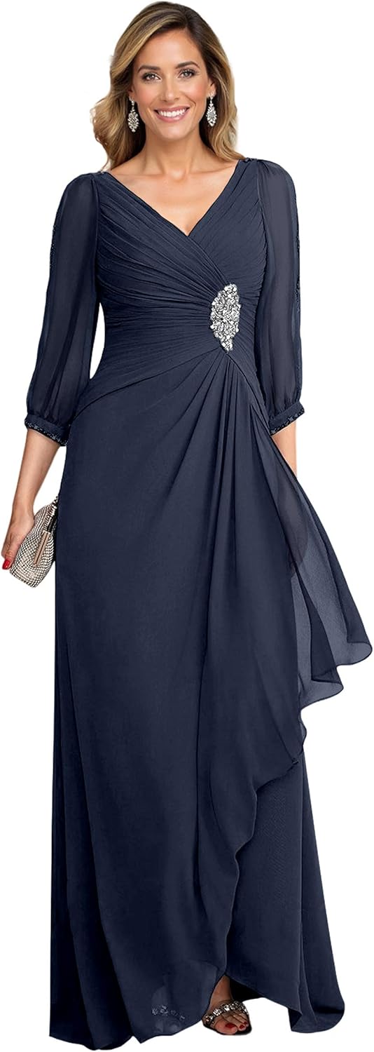 Split Sleeves Mother of The Bride Dresses for Wedding Beaded Ruched A-line Chiffon Formal Maxi Evening Dress