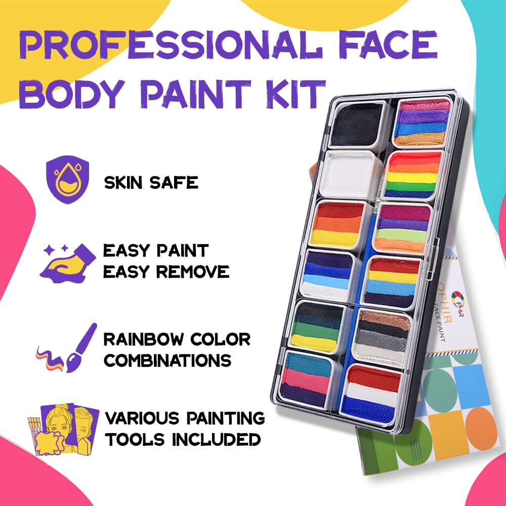 OPHIR Rainbow Face Painting Kit for Kids Party, 5.14 OZ Water Activated Split Cake Face Paint, Facepaint Makeup Kit with Face Paint Stencils, Brushes, Practice Boards and Gem Stickers for Halloween