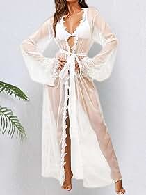 Lingerie feminina quimono de renda longa sexy, quimono de malha, saída de praia
