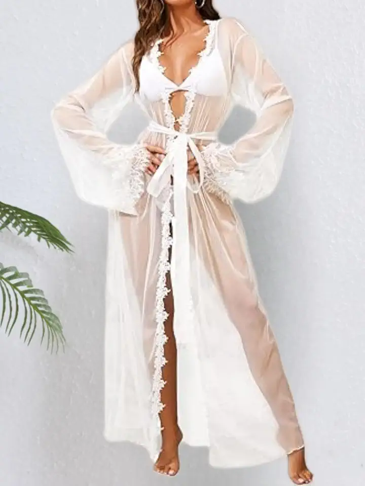 Lingerie feminina quimono de renda longa sexy, quimono de malha, saída de praia
