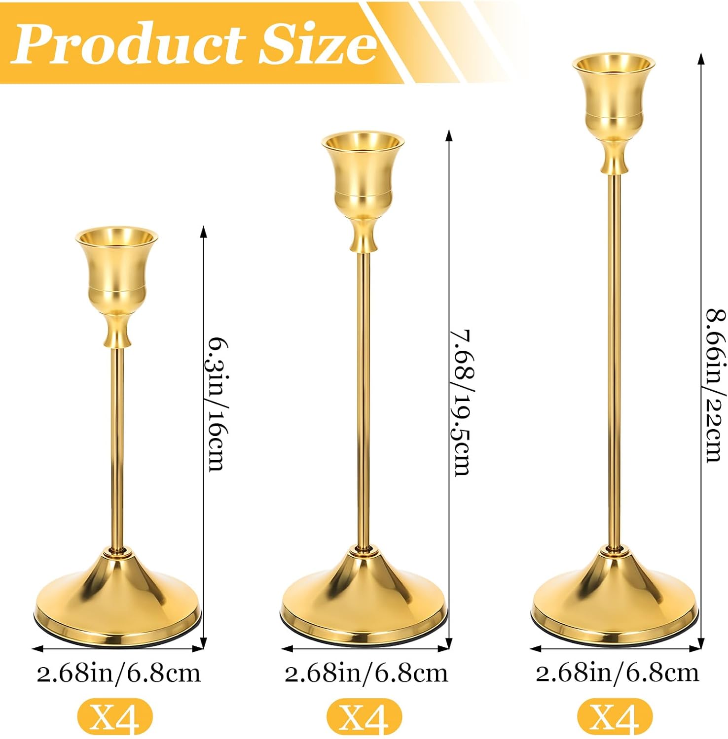 12Pcs Brass Gold Metal Taper Candle Holders, Vintage Candlestick Holder, Decorative Metal Candle Sticks, Candlesticks for Table Mantel Wedding Home Decor Housewarming Gift