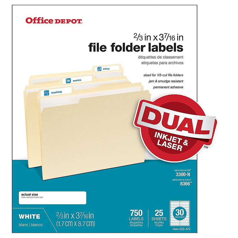 Office Depot White Permanent Inkjet/Laser File Folder Labels, 2/3in. x 3 7/16in., White, Pack of 750, 505-0004-0011