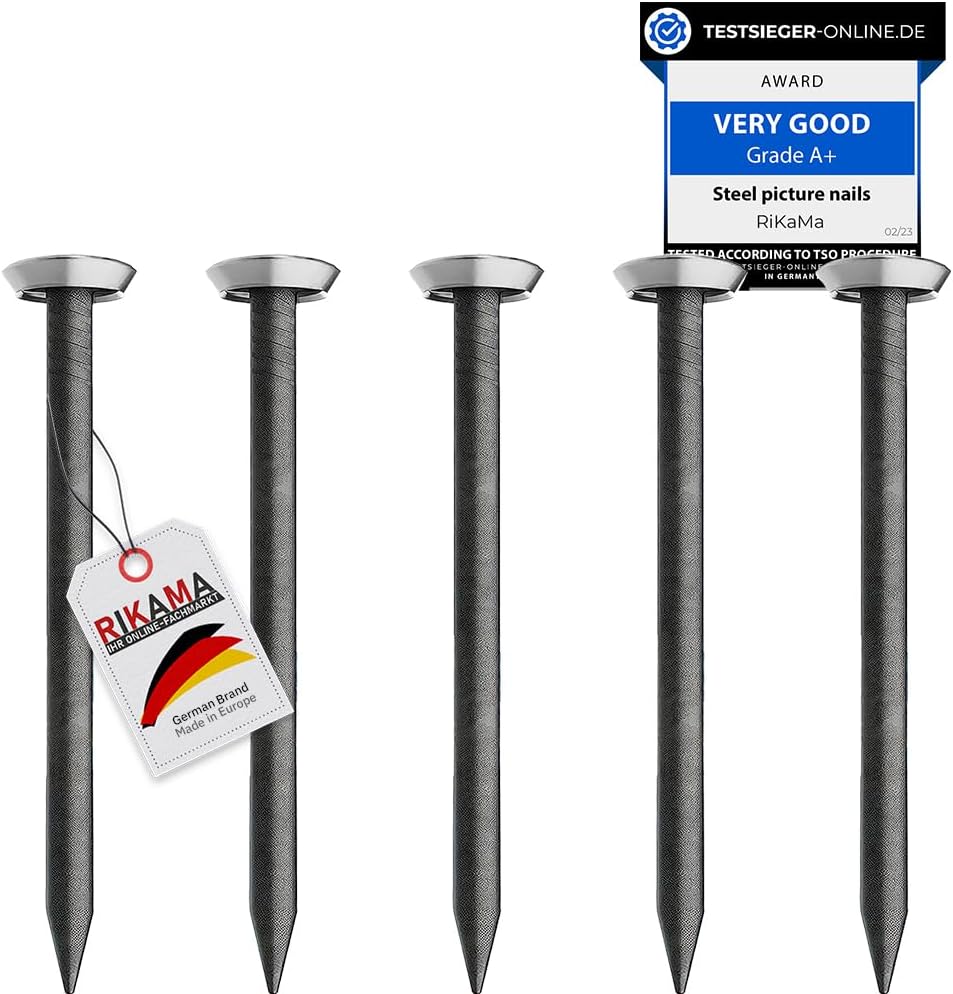 RIKAMA® - 30Pcs Picture Nails with 1.25 (1 1/4") inch Length - for use on Wall, Drywall, Concrete, Brick, Plaster & Wood - Hardened Steel Nails for Hanging Pictures - Made in Germany (Silver Head)