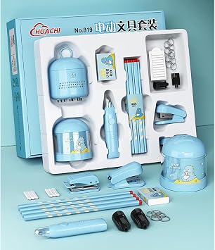 Electric Stationery Gift Box Set Electric Pencil Sharpener Desktop Vacuum Electric Eraser with Replacement Blade and Eraser Refills 10 PCS Stationery Kit - Blue Unicorn