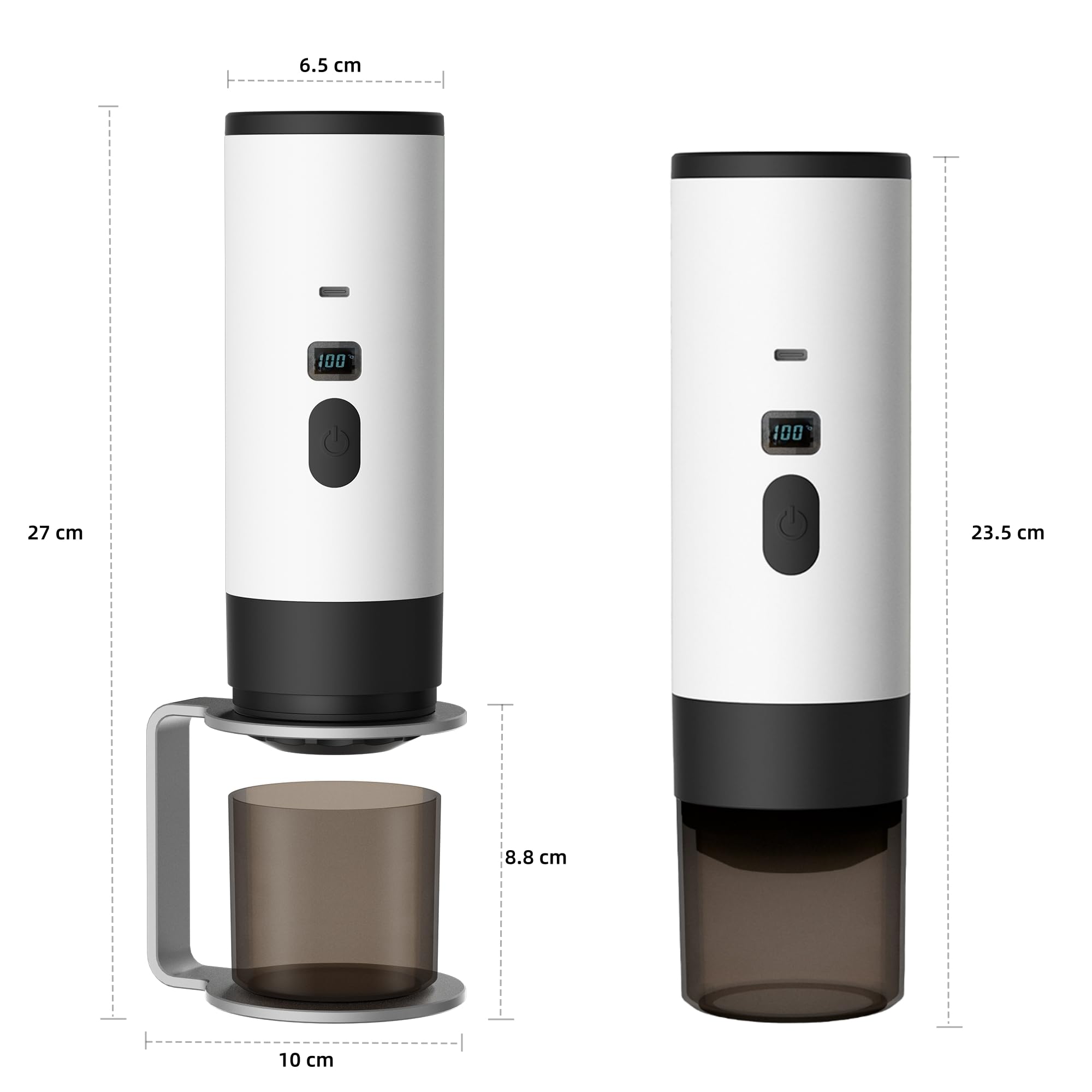 Macchina per caffè espresso portatile 3 in 1 con batteria | Macchina da caffè con funzione di riscaldamento | Ricarica di tipo C | Temperatura e indicatore batteria | Caffè da viaggio