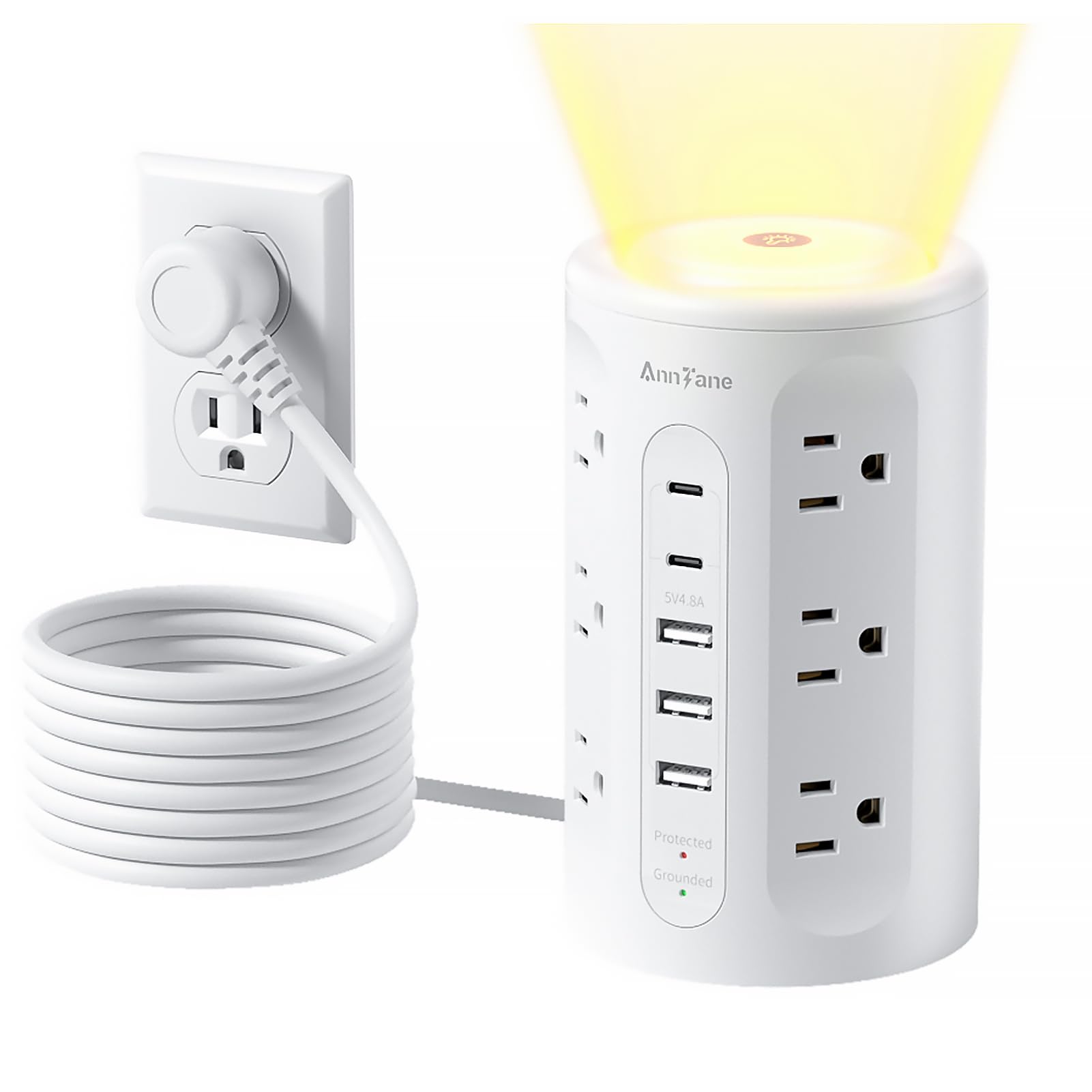 Power Strip Tower with Night Light, 15W Surge Protector Power Strip with USB Ports, 10 FT Extension Cord with Multiple Outlets for Home Office Desk DormRoom