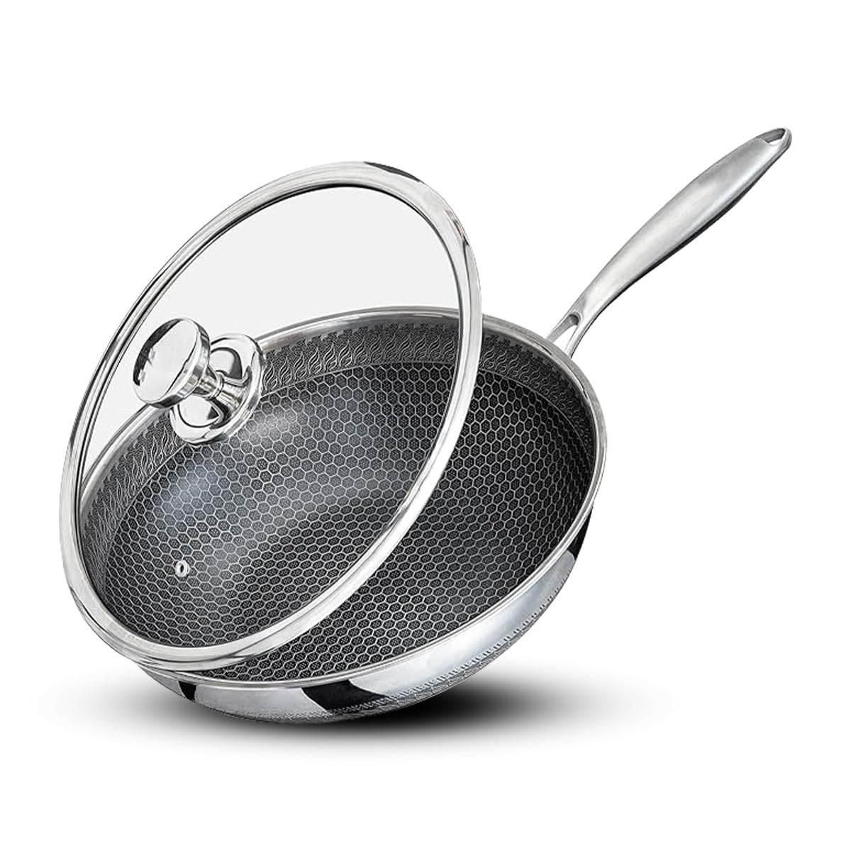 Royal Swiss Wok 32 cm in acciaio inossidabile Triply - Rivestimento antiaderente a nido d'ape - Compatibile con induzione, gas e tutti i fuochi, con coperchio in vetro, cottura sana e durevole