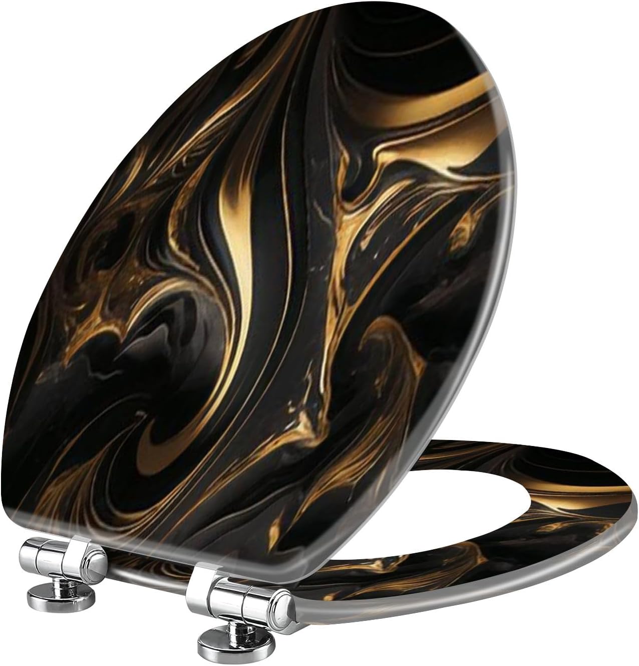Elongated Toilet Seat Abstract marble fluid art painting alcohol ink style a black gold Resin Toilet Seat Quietly Slow Close with Quick-Release Hinges Toilet Seat with Cover Easy to Clean Install 18.5"x14.5" Multi2