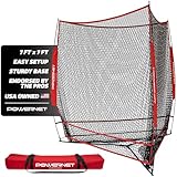 PowerNet Triple Threat Baseball Net, 3 Way 7' x 7' Batting, Hitting & Pitching Net Covers 147 Sq Ft, Softball & Baseball Training Equipment (Red)