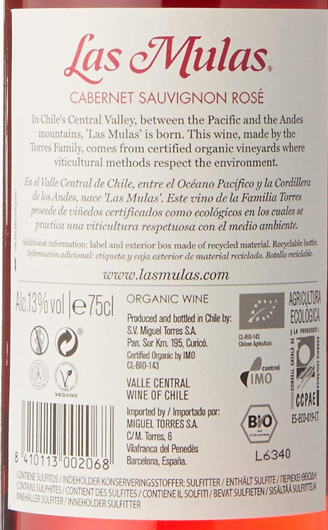 Miguel Torres Chile Las Mulas Cabernet Sauvignon Rosé, Vino Rosado - 6 botellas de 75 cl, Total: 4500 ml