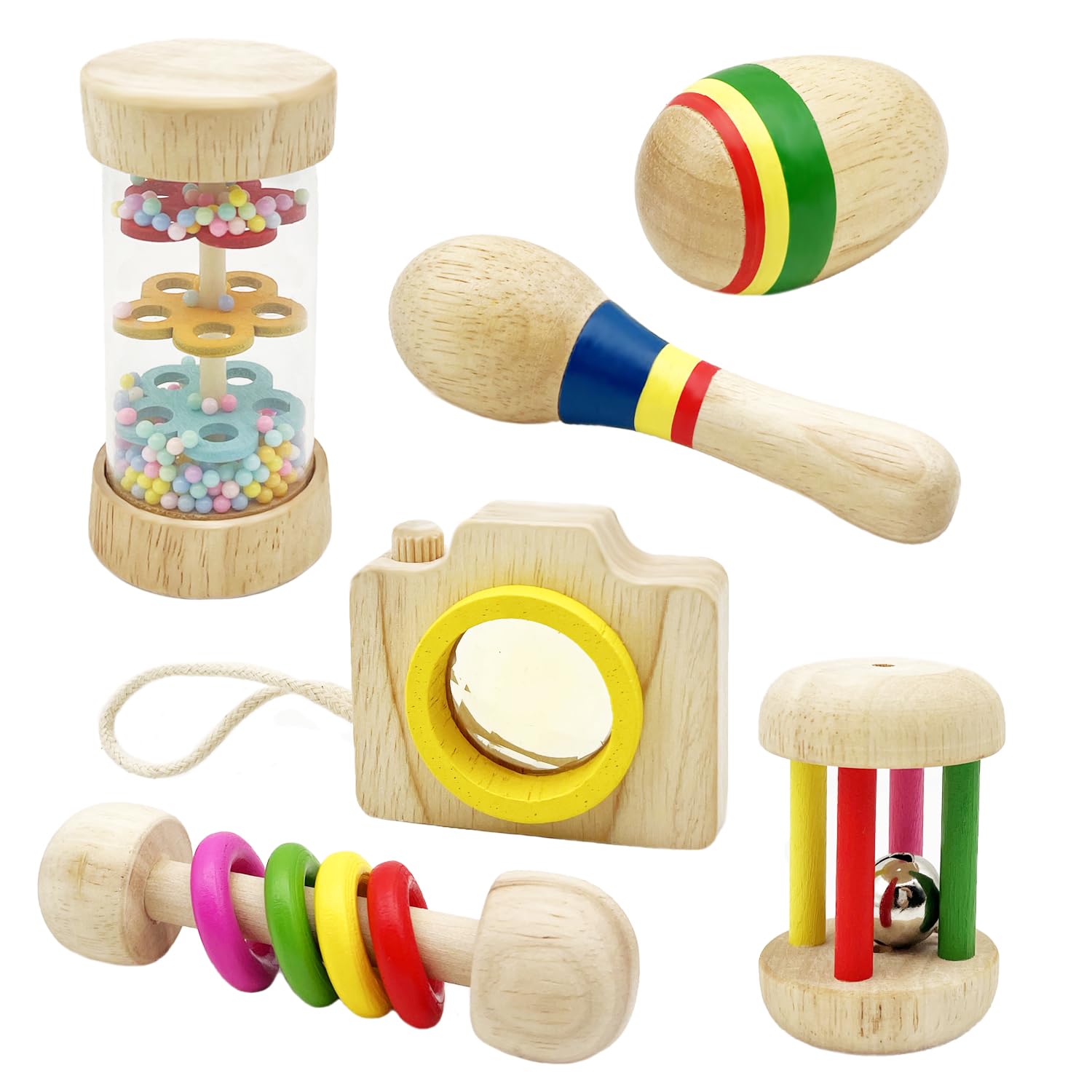 Wooden Baby Rattle, Organic Colorful Baby Rattles Set, Toddler Hand Wooden Rattles Toy Set for Infant Grasping, Sensory Development, Gift for Baby Boys Girls 6pcs