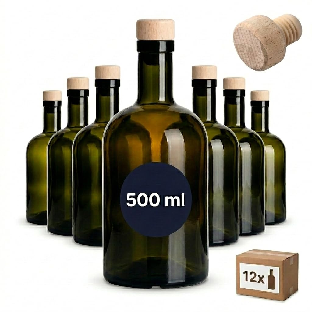 gouveo Lot de 12 bouteilles en verre 500 ml classic antique avec bouchons (HGK) - bouteille vide 0,5 l en verre à remplir - bouteille en verre pour liqueur, gin, huile, vinaigre (KFA500HGK)