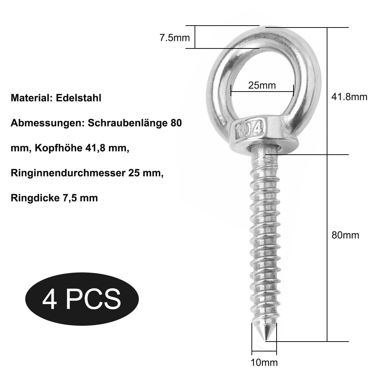 4 viti con occhiello in acciaio inox M10, ganci da soffitto per carichi pesanti, viti ad occhiello, vite ad anello m10, occhielli a vite, per stand amaca, sedia a dondolo, yoga, applicazioni pesanti