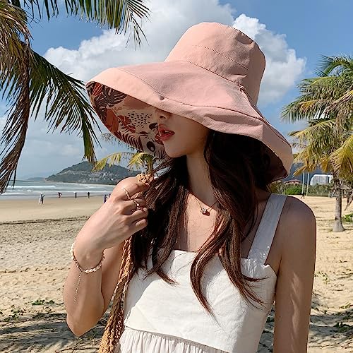 Image of HUAMULAN Women Sun Hat Summer Bucket Beach Boonie Cotton Cap Wide Brim UPF 50