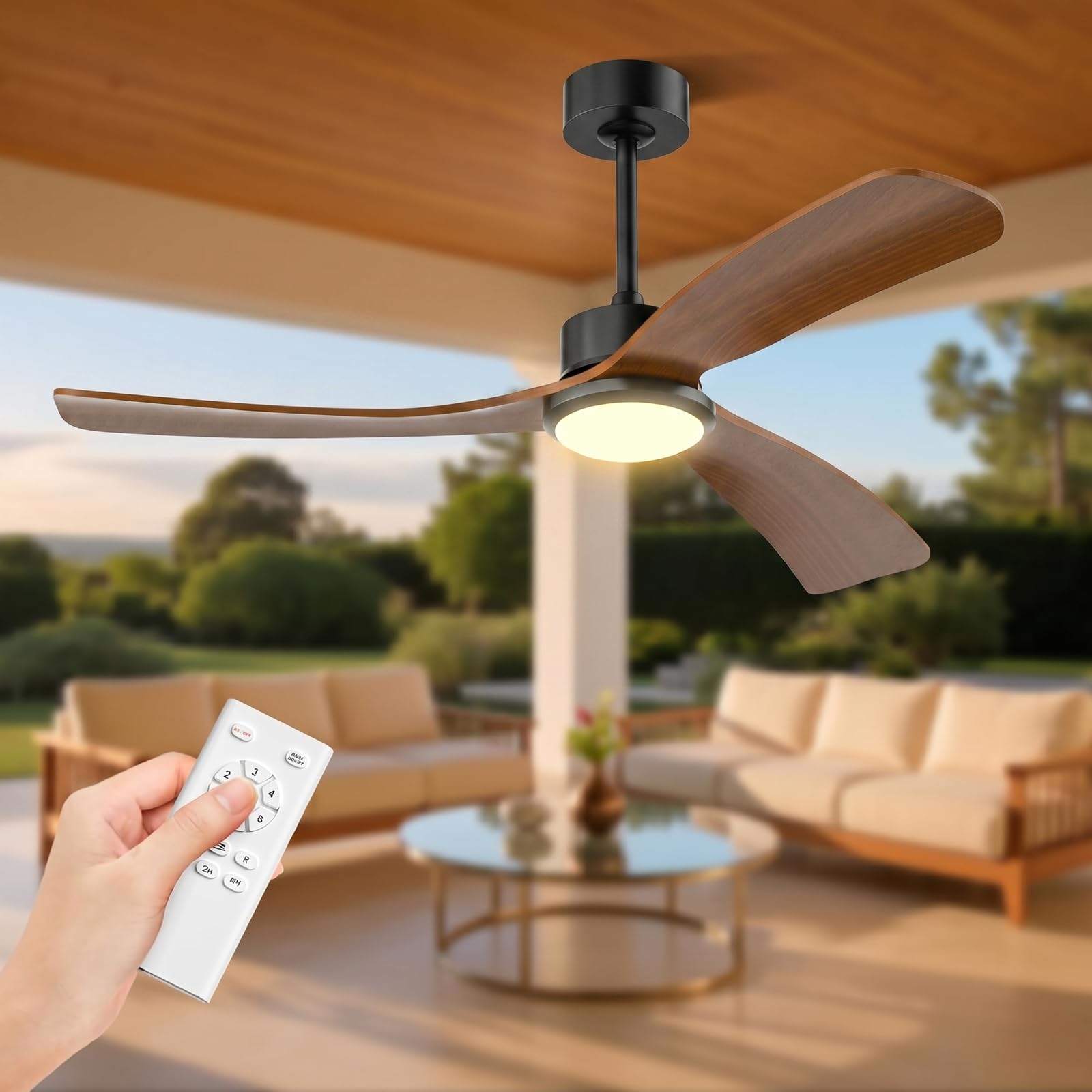 Obabala 52 Inch Ceiling Fan with Light and Remote,Solid Wood Blades, DC Motor Quiet 35dB, Dimmable LED Reversible for Bedroom Living Room Indoor Outdoor, 6 Speed Timer Downrod