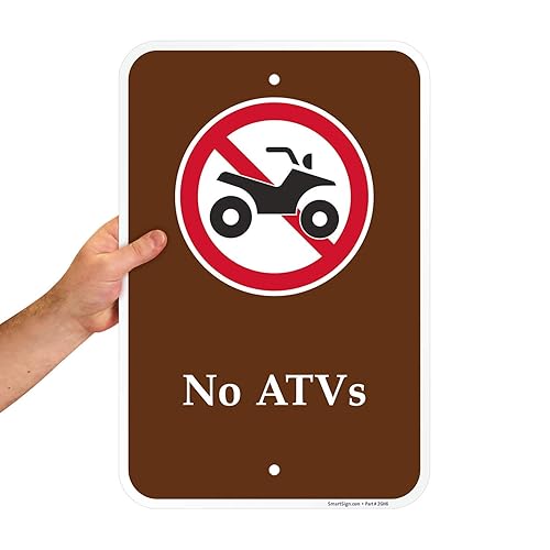 SmartSign Letrero "No ATVs" (con gráfico), 18 x 12 pulgadas, aluminio de 63 mil, marrón y blanco