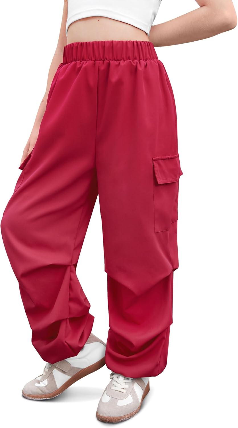 Girls Summer Baggy Trendy Parachute Cargo Pants Cute Wide Leg Joggers with Pockets 5-14 Years