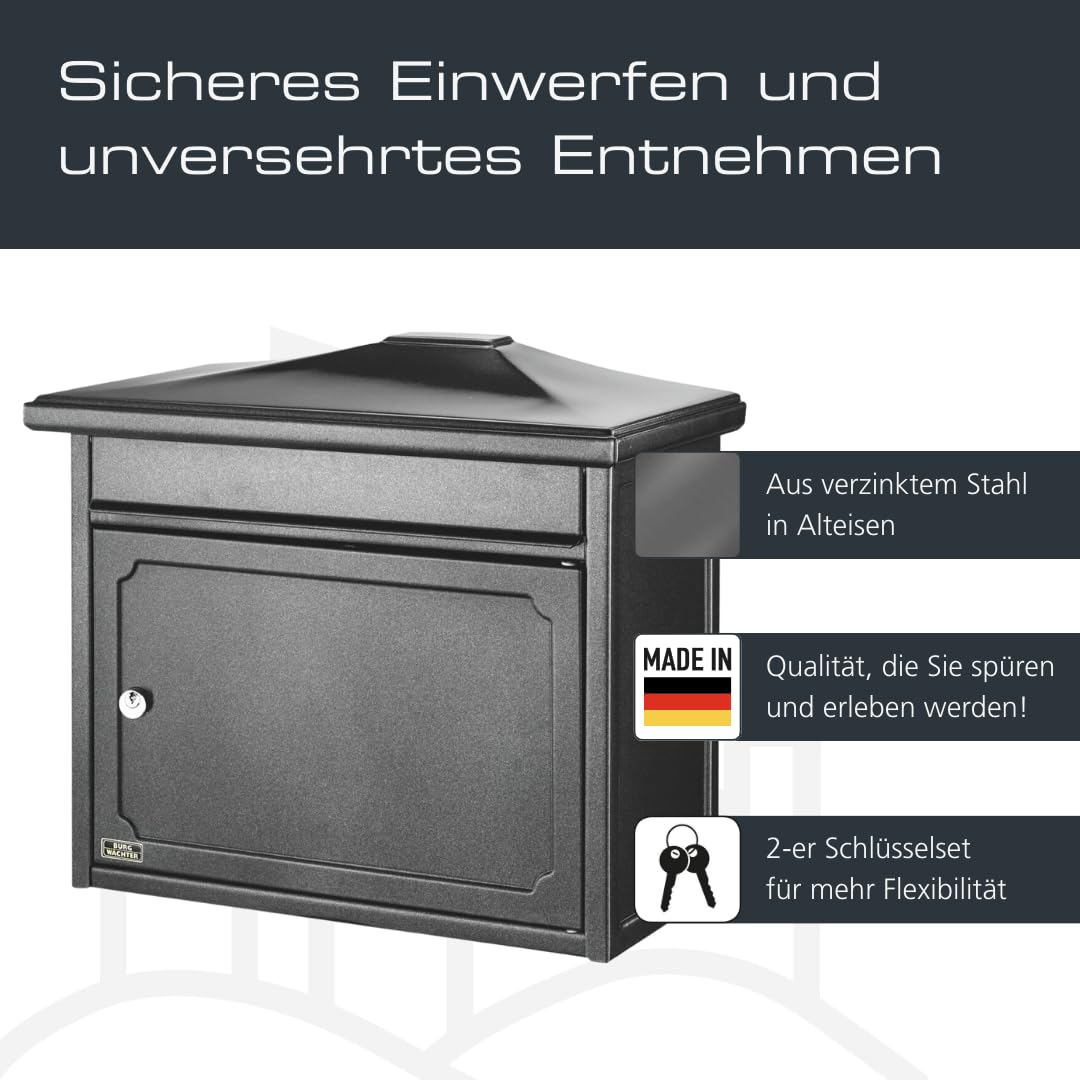 BURG-WÄCHTER Briefkasten ohne Zeitungsfach und Namensschild, Verzinkter Stahl, Einwurf-Format DIN C4, 2 Schlüssel, Kopenhagen 882 E, Alteisen